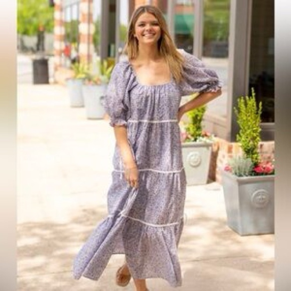 Sofia the label Floral Embroidered Puff Sleeve Bow Maxi Dress size small NWOT